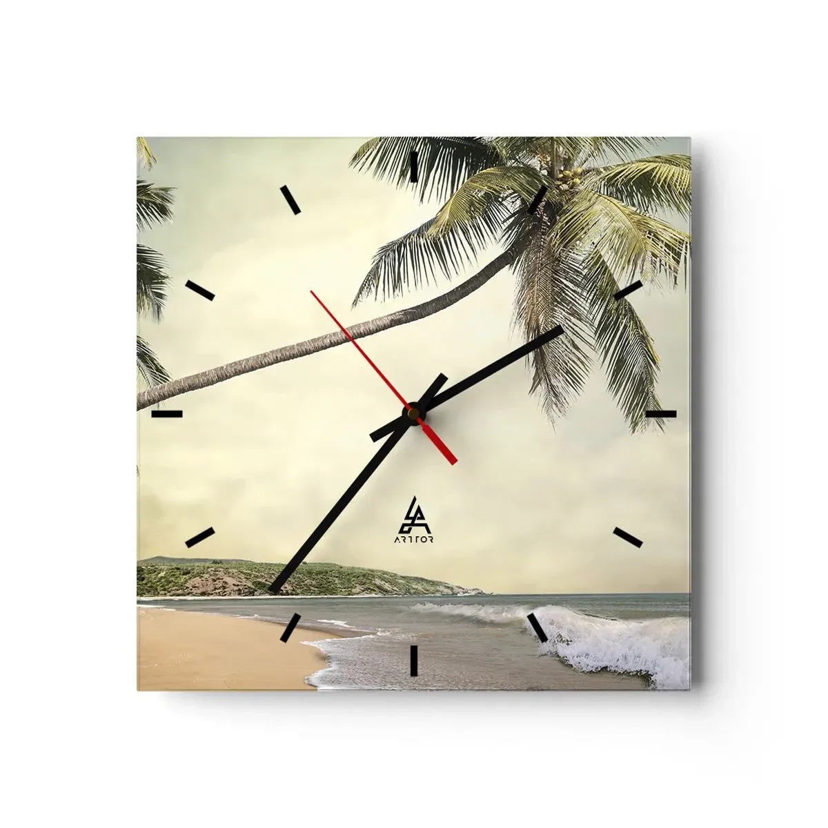 Orologio da parete - Orologio in Vetro - Una spiaggia con palme sullo sfondo di un mare calmo - 30x30cm - Sogno tropicale - Decorazione murale moderna per soggiorno e camera da letto ARTTOR