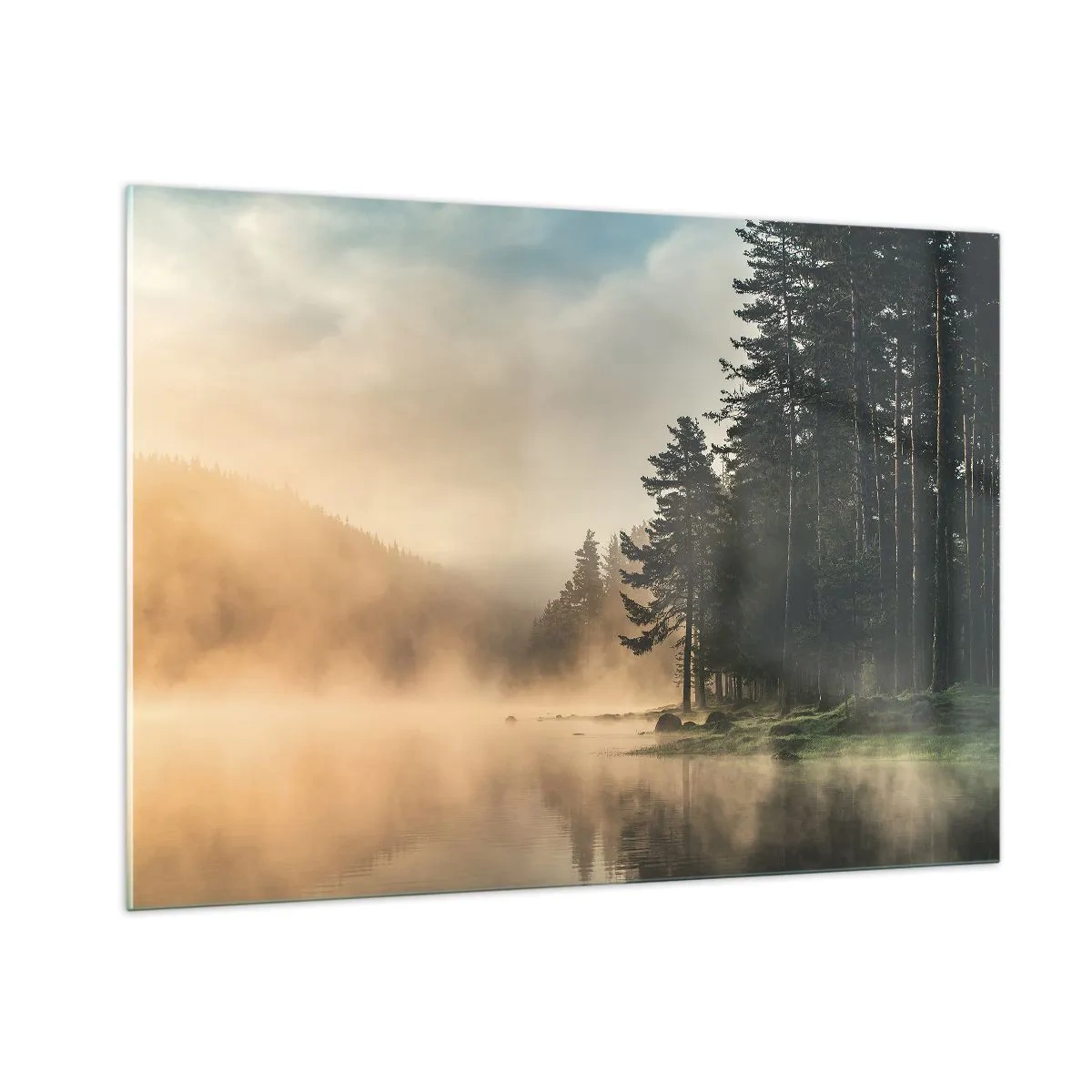 Quadro su vetro - Una mattina nebbiosa su un lago nella foresta - 100x70cm - La nascita del giorno - Decorazione murale moderna per soggiorno e camera da letto ARTTOR