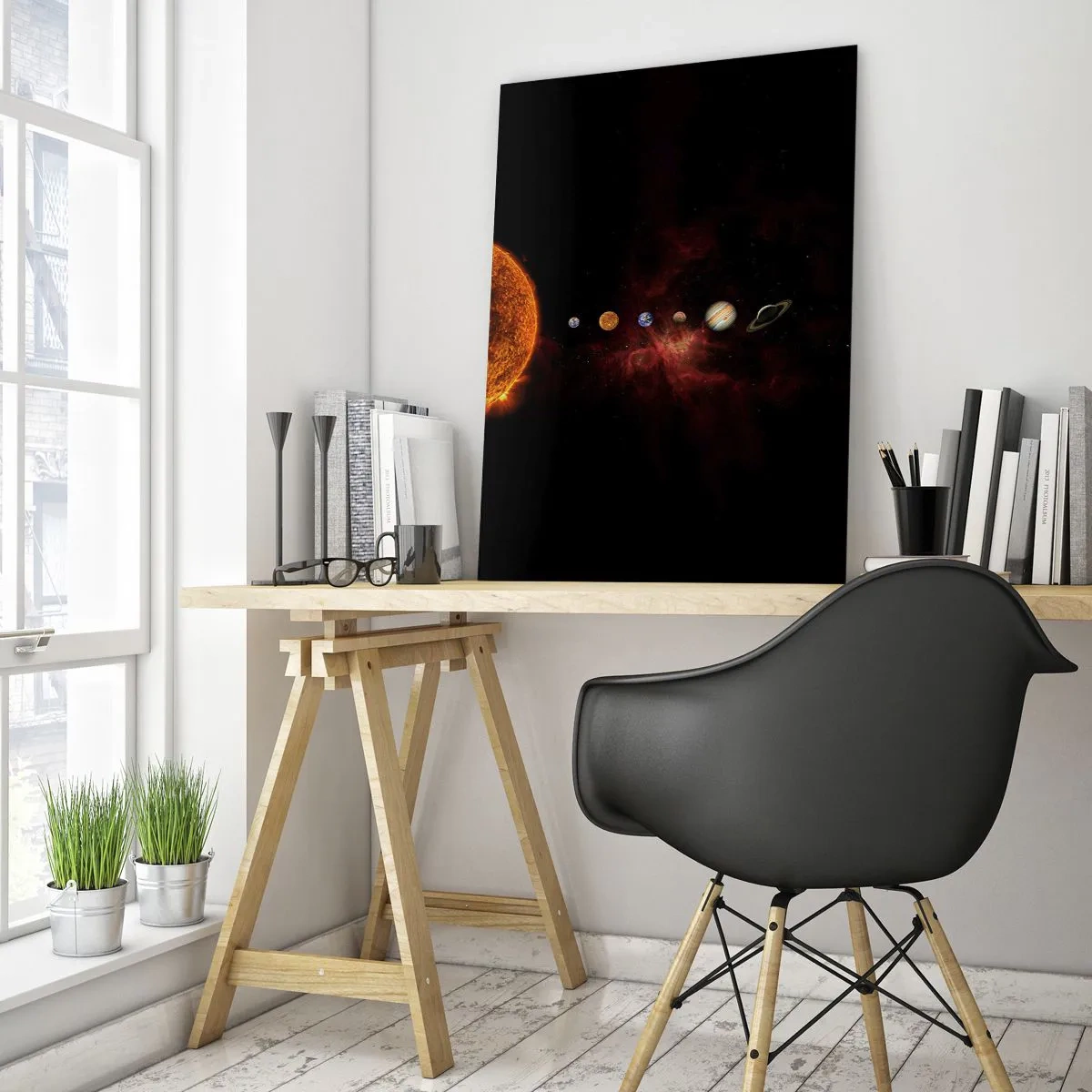 Quadro su vetro - Sistema planetario con il Sole su sfondo nero - 50x70cm - Il nostro vicinato - Decorazione murale moderna per soggiorno e camera da letto ARTTOR