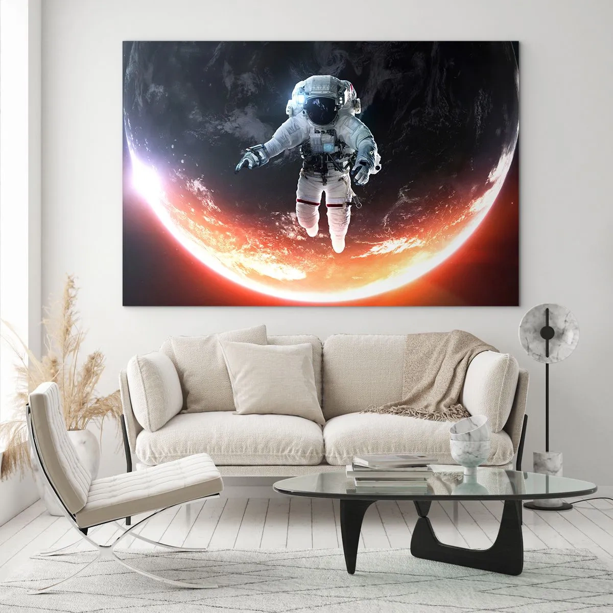 Quadro su vetro - Astronauta nello spazio con un pianeta sullo sfondo - 70x50cm - Posso restare ancora un po'? - Decorazione murale moderna per soggiorno e camera da letto ARTTOR