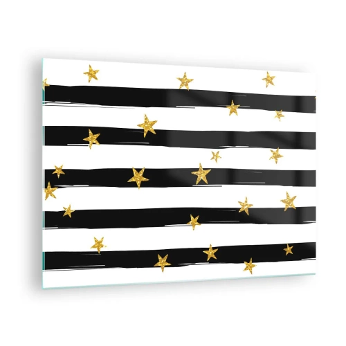 Quadro su vetro - Strisce bianche e nere con stelle dorate - 70x50cm - Siamo tutti nati sotto una buona stella - Decorazione murale moderna per soggiorno e camera da letto ARTTOR