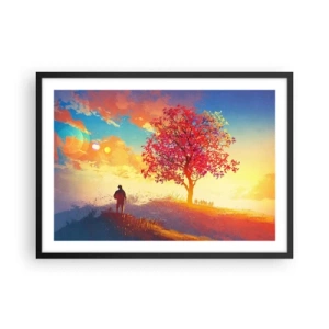 Poster in cornice nera - Una figura su una collina accanto a un albero colorato alla luce del sole al tramonto - 70x50cm - Pellegrino alla meta - Decorazione murale moderna per soggiorno e camera da letto ARTTOR