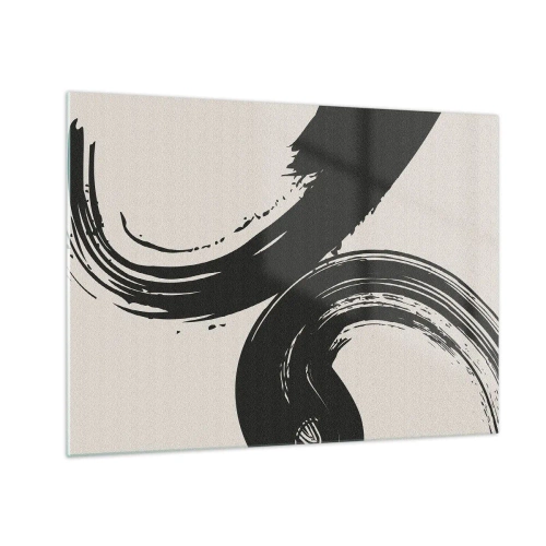 Quadro su vetro - Pennellate calligrafiche nere e dinamiche su uno sfondo chiaro. - 70x50cm - Energico e circolare - Decorazione murale moderna per soggiorno e camera da letto ARTTOR