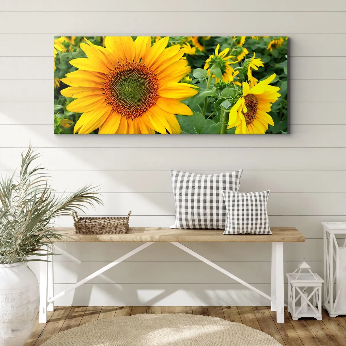 Quadro su tela - Stampe su Tela - Un campo di girasoli con fiori gialli su uno sfondo di foglie verdi - 160x50cm - Centinaia di soli ardono - Decorazione murale moderna per soggiorno e camera da letto ARTTOR