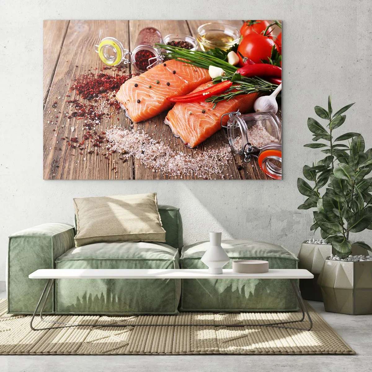 Quadro su vetro - Filetti di salmone con spezie su un piano di lavoro in legno - 70x50cm - Avventura norvegese in cucina - Decorazione murale moderna per soggiorno e camera da letto ARTTOR