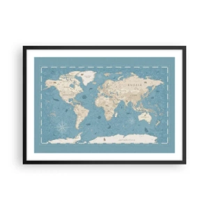 Poster in cornice nera - Mappa del mondo decorativa nei toni del blu e del beige - 70x50cm - Il mondo a portata di mano - Decorazione murale moderna per soggiorno e camera da letto ARTTOR