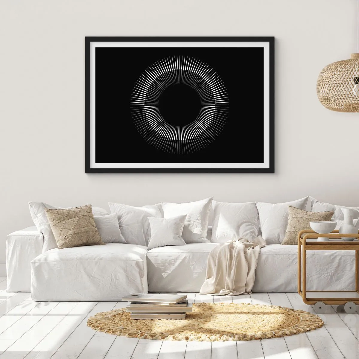 Poster in cornice nera - Cerchio grafico con raggi in bianco e nero - 70x50cm - Sole nero - Decorazione murale moderna per soggiorno e camera da letto ARTTOR