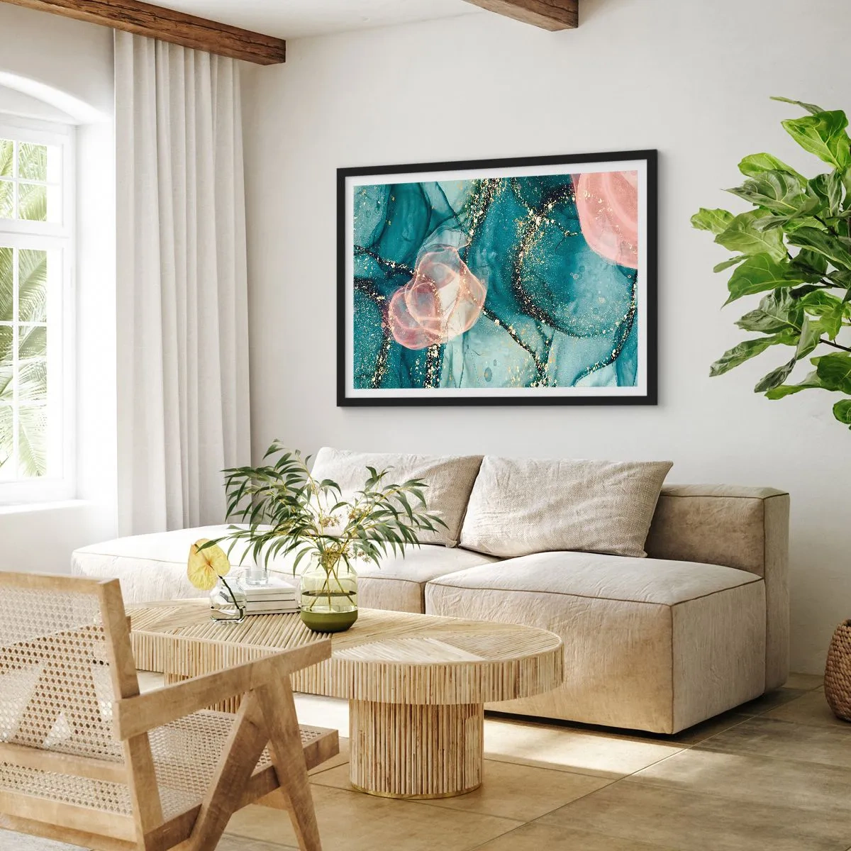 Poster in cornice nera - Blu di seta, rosa di tulle - 50x40 cm