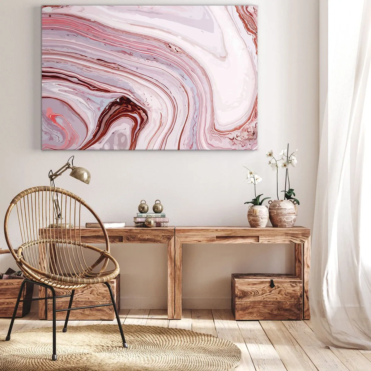 Quadro su tela - Stampe su Tela - Motivo astratto in rosa e bianco - 120x80cm - Dritto, poi a destra in basso - Decorazione murale moderna per soggiorno e camera da letto ARTTOR