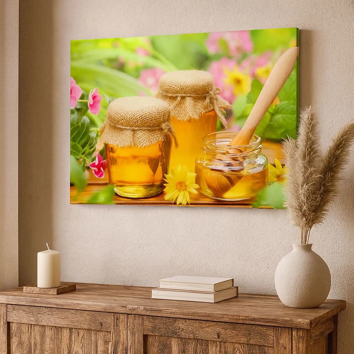 Quadro su tela - Stampe su Tela - Vasetti di miele con fiori sullo sfondo di un giardino estivo - 70x50cm - Dolce miele di fiori - Decorazione murale moderna per soggiorno e camera da letto ARTTOR