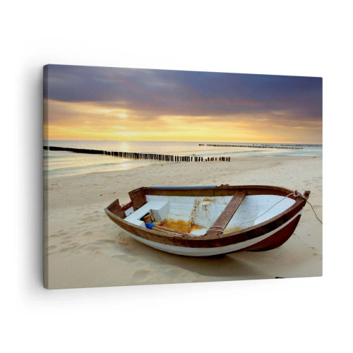 Quadro su tela - Stampe su Tela - Una barca su una spiaggia sabbiosa al tramonto - 70x50cm - Non vi sono spiagge più belle - Decorazione murale moderna per soggiorno e camera da letto ARTTOR