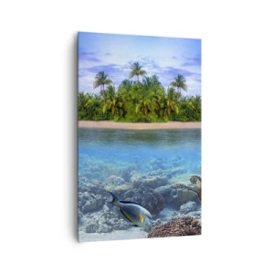 Quadro su tela - Stampe su Tela - Un'isola tropicale circondata da un oceano turchese con una barriera corallina e pesci. - 80x120cm - L'isola del paradiso dà il benvenuto - Decorazione murale moderna per soggiorno e camera da letto ARTTOR