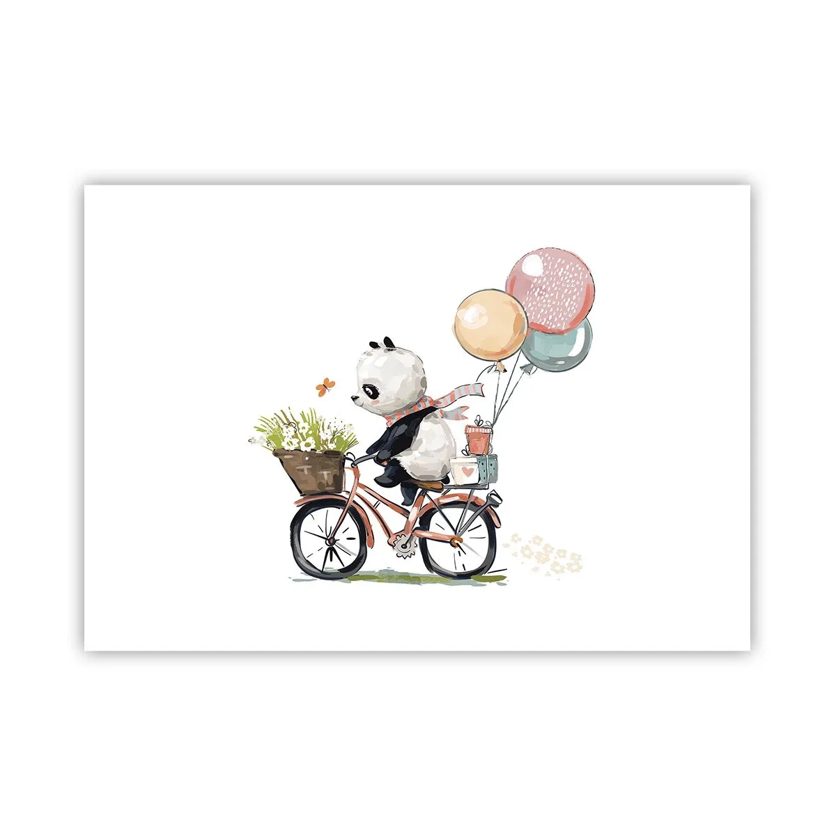 Poster - Panda in bicicletta con palloncini e fiori - 100x70cm - Giorno felice - Decorazione murale moderna per soggiorno e camera da letto ARTTOR