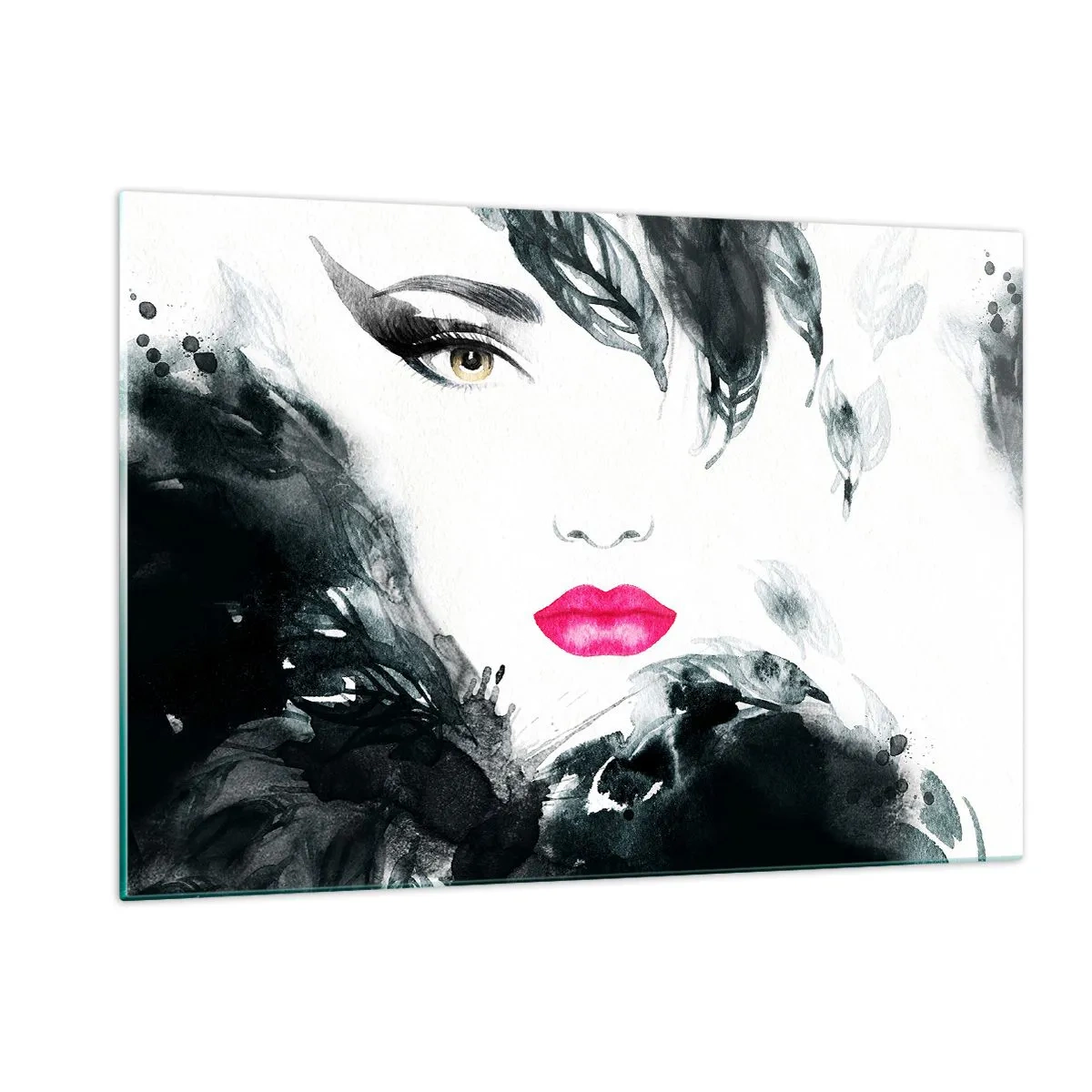 Quadro su vetro - Ritratto di una donna con labbra rosa e accenti neri - 120x80cm - Attenzione! Femme fatale - Decorazione murale moderna per soggiorno e camera da letto ARTTOR