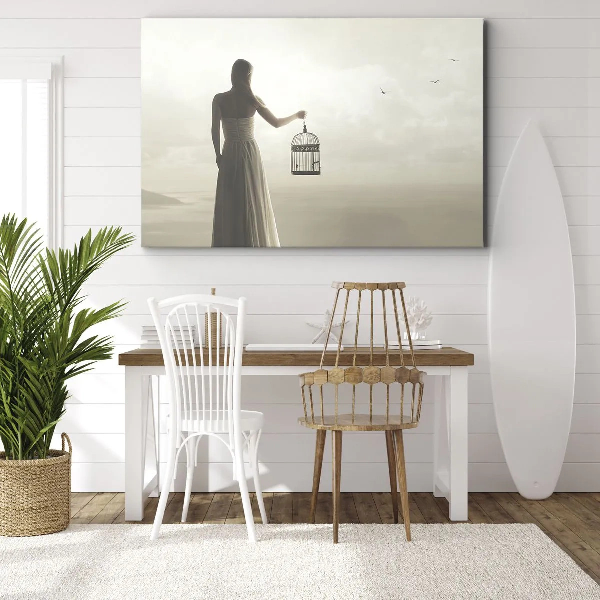 Quadro su tela - Stampe su Tela - Una donna con una gabbia contro un cielo calmo - 70x50cm - Sii libera - Decorazione murale moderna per soggiorno e camera da letto ARTTOR