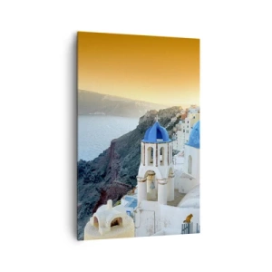 Quadro su tela - Stampe su Tela - Vista di Santorini con edifici bianchi e mare blu - 80x120cm - Santorini: aggrappate alle rocce - Decorazione murale moderna per soggiorno e camera da letto ARTTOR