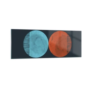 Quadro su vetro - Design minimalista a due ruote in blu e arancione - 140x50cm - Solo geometria? - Decorazione murale moderna per soggiorno e camera da letto ARTTOR