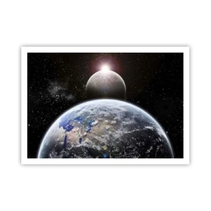 Poster - Il pianeta Terra e la Luna sullo sfondo dello spazio stellato. - 100x70cm - Paesaggio cosmico: sorgere del sole - Decorazione murale moderna per soggiorno e camera da letto ARTTOR