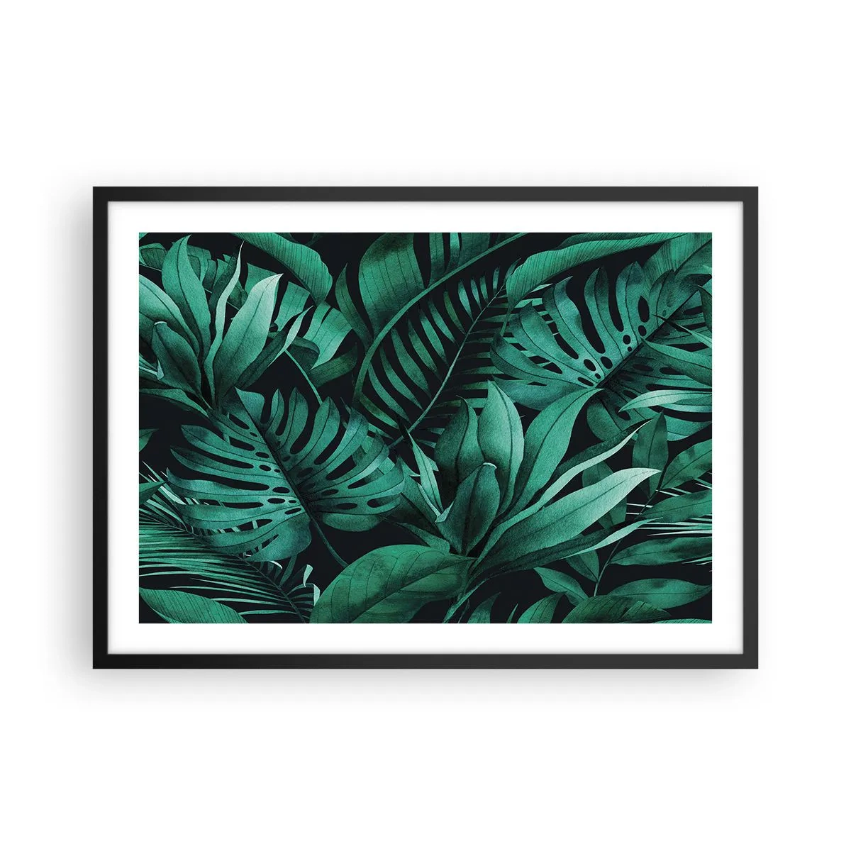 Poster in cornice nera - Foglie tropicali in tonalità di verde intenso - 70x50cm - Dal profondo del verde tropicale - Decorazione murale moderna per soggiorno e camera da letto ARTTOR