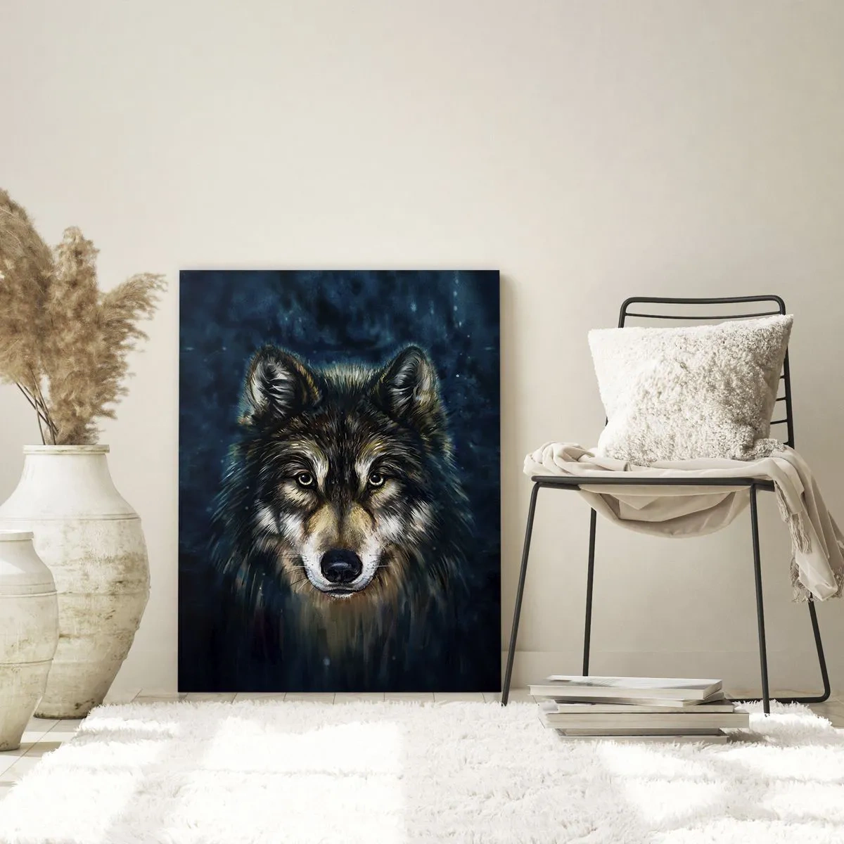 Quadro su vetro - Un lupo su uno sfondo scuro, come una foresta, in stile realistico. - 50x70cm - Alfa? E omega - Decorazione murale moderna per soggiorno e camera da letto ARTTOR