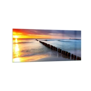 Quadro su vetro - Tramonto sul mare con un frangiflutti in primo piano - 120x50cm - Ascolta il silenzio - Decorazione murale moderna per soggiorno e camera da letto ARTTOR