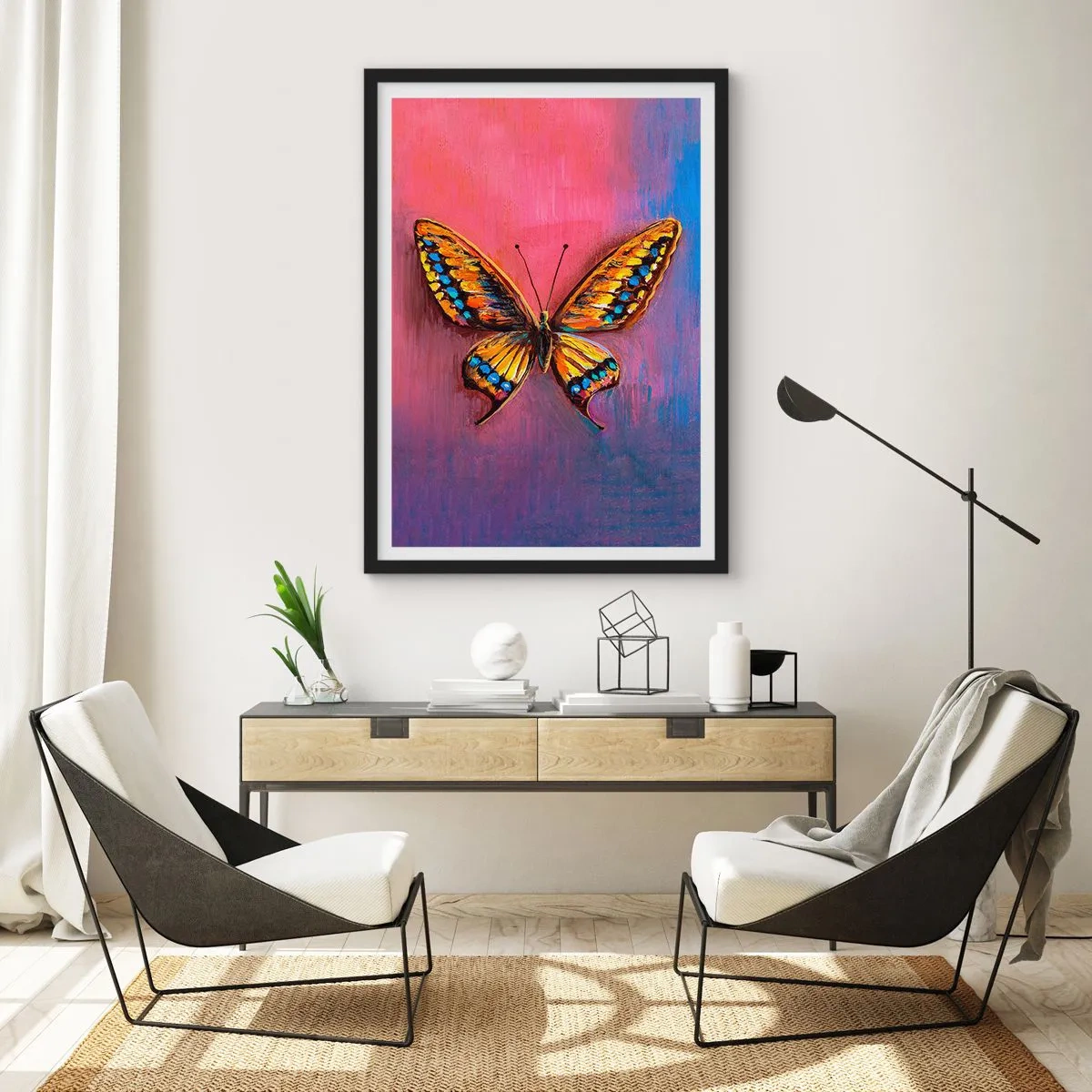 Poster in cornice nera - Una farfalla colorata su uno sfondo artistico dai colori intensi. - 50x70cm - Gioielli della natura - Decorazione murale moderna per soggiorno e camera da letto ARTTOR
