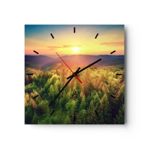 Orologio da parete - Orologio in Vetro - Paesaggio forestale con tramonto sulle colline - 30x30cm - Vette e cime - Decorazione murale moderna per soggiorno e camera da letto ARTTOR