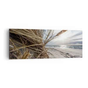 Quadro su tela - Stampe su Tela - Una spiaggia con erba secca sulle dune e vista sul mare - 140x50cm - L'incontro degli elementi - Decorazione murale moderna per soggiorno e camera da letto ARTTOR