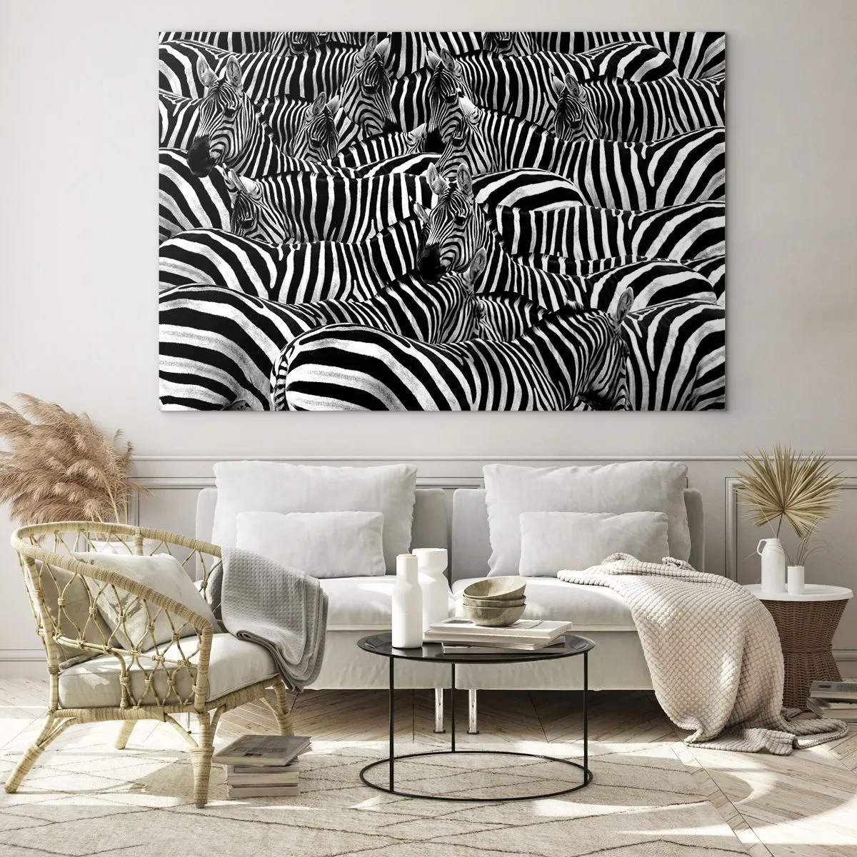 Quadro su vetro - Una mandria di zebre in bianco e nero - 100x70cm - Ritratto collettivo a strisce - Decorazione murale moderna per soggiorno e camera da letto ARTTOR