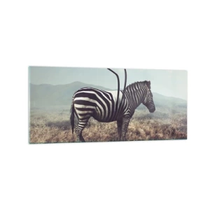 Quadro su vetro - Una zebra surreale contro un paesaggio erboso - 120x50cm - Attenzione! Difetto - Decorazione murale moderna per soggiorno e camera da letto ARTTOR