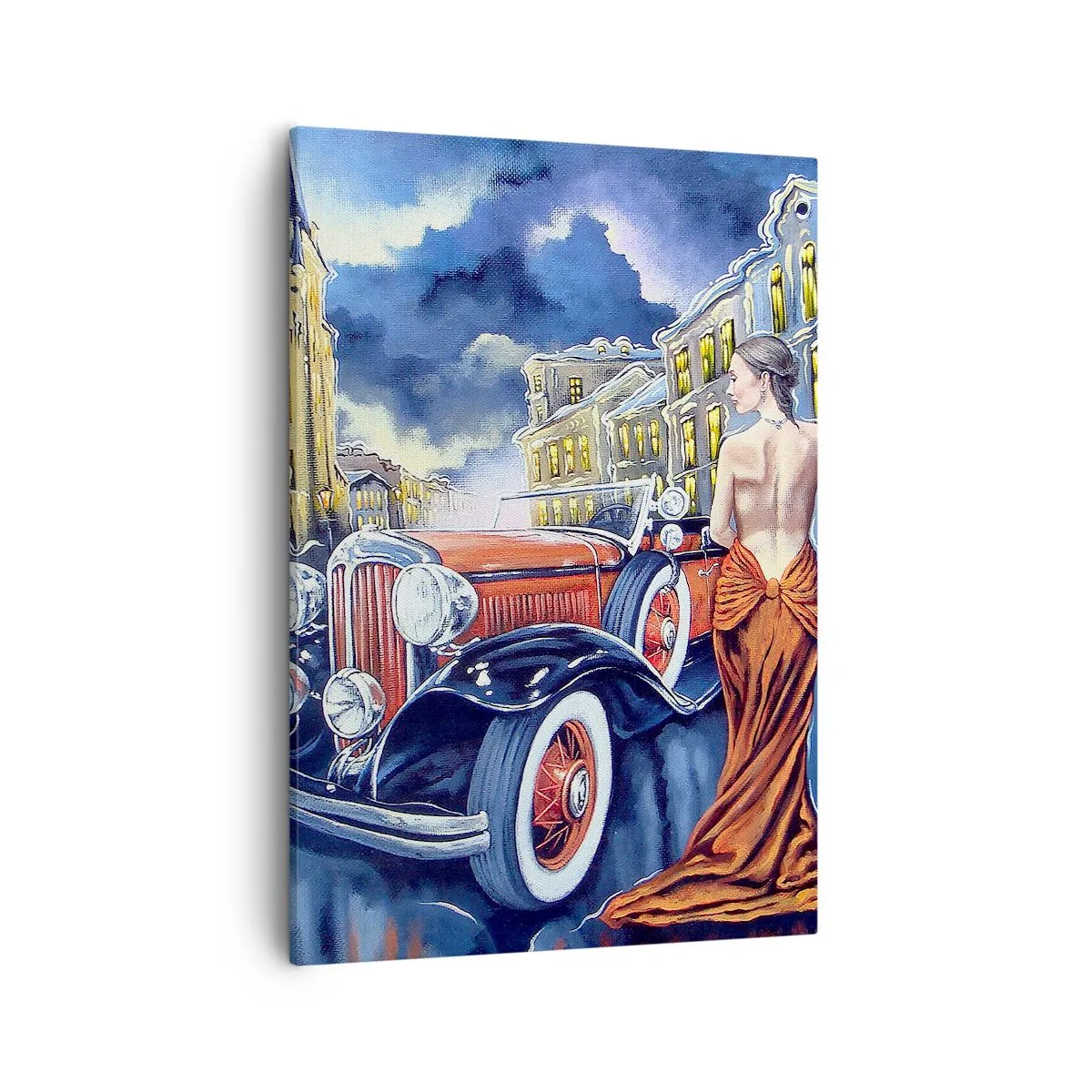 Quadro su tela - Stampe su Tela - Una donna in un abito elegante accanto a un'auto d'epoca di notte - 50x70cm - Notturno in blu e coralli - Decorazione murale moderna per soggiorno e camera da letto ARTTOR