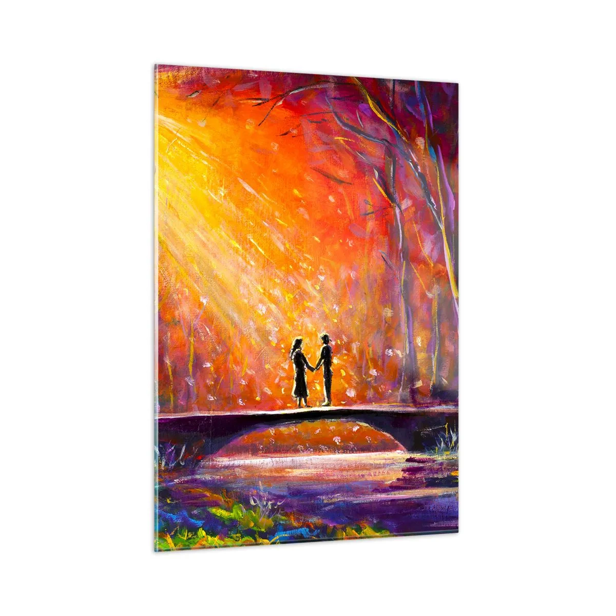 Quadro su vetro - Una coppia su un ponte alla luce del sole al tramonto, circondata dagli alberi. - 50x70cm - Anche il cielo li ama - Decorazione murale moderna per soggiorno e camera da letto ARTTOR