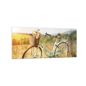 Quadro su vetro - Una bicicletta retrò con un cesto pieno di fiori sullo sfondo di un prato. - 120x50cm - Resto qui un attimo - Decorazione murale moderna per soggiorno e camera da letto ARTTOR