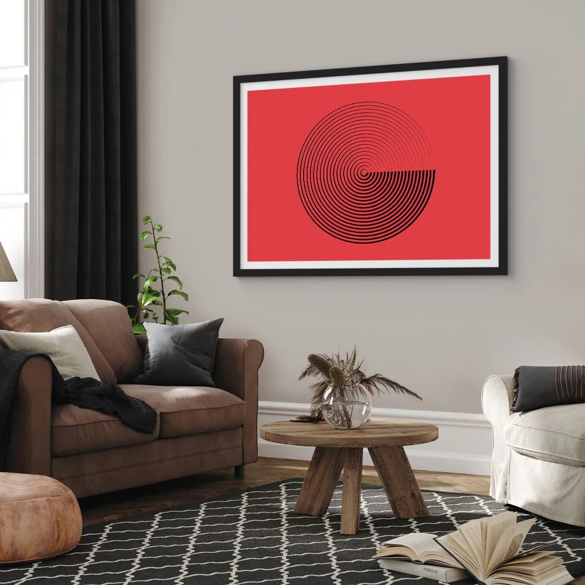Poster in cornice nera - Cerchi concentrici su sfondo rosso - 70x50cm - Movimento circolare - Decorazione murale moderna per soggiorno e camera da letto ARTTOR