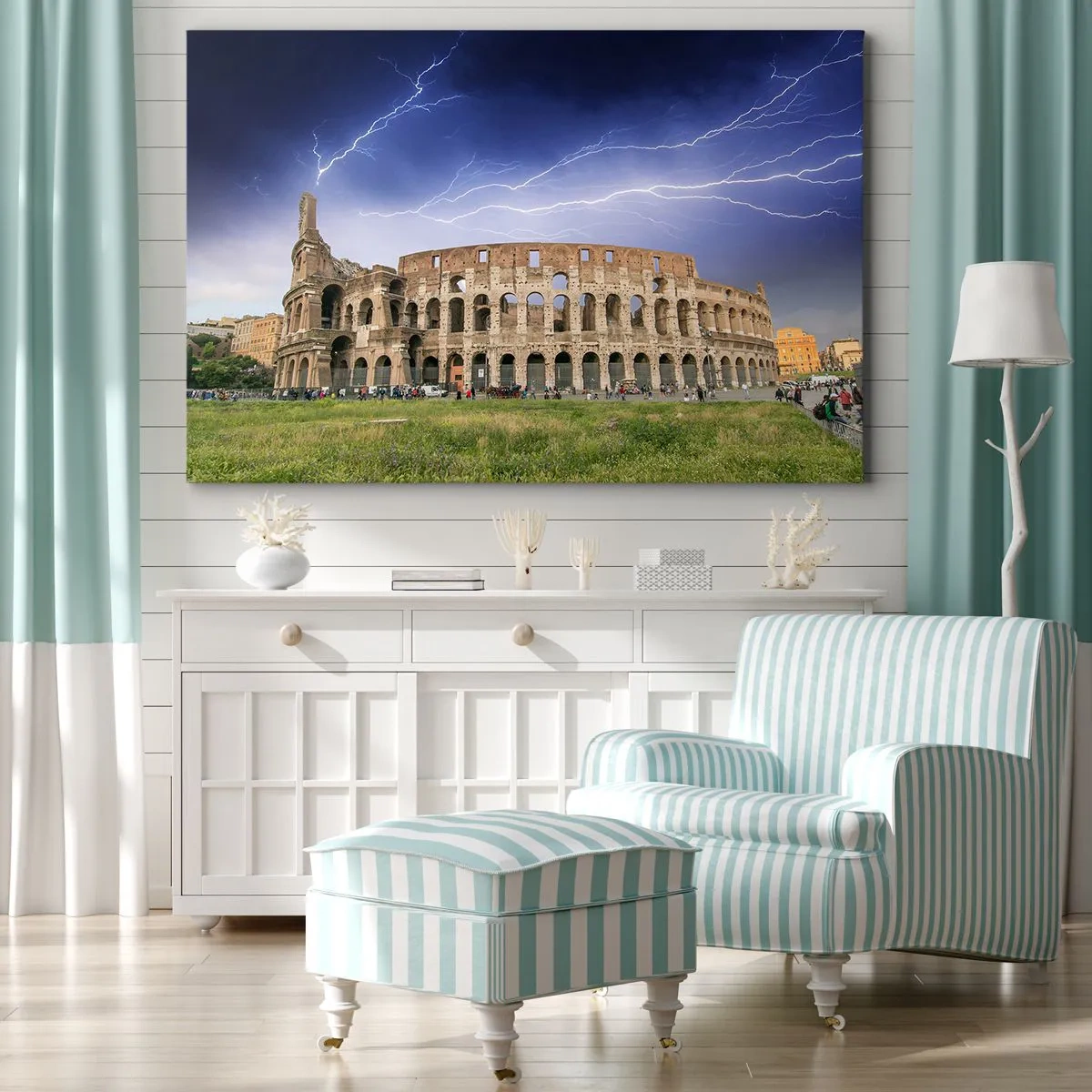 Quadro su tela - Stampe su Tela - Il Colosseo a Roma illuminato dai fulmini - 100x70cm - Arena di combattimenti - Decorazione murale moderna per soggiorno e camera da letto ARTTOR