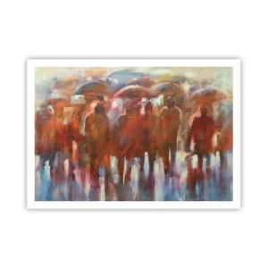 Poster - Una folla di persone con ombrelli in un ambiente piovoso e artistico - 100x70cm - Uguali nella pioggia e nella nebbia - Decorazione murale moderna per soggiorno e camera da letto ARTTOR