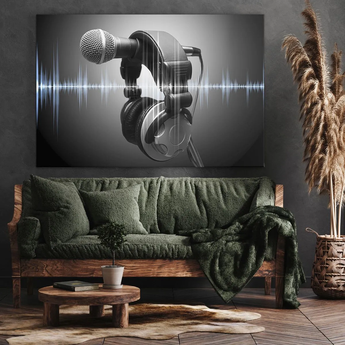 Quadro su tela - Stampe su Tela - Microfono e cuffie con visualizzazione delle onde sonore sullo sfondo - 70x50cm - Si sente ancora il canto - Decorazione murale moderna per soggiorno e camera da letto ARTTOR