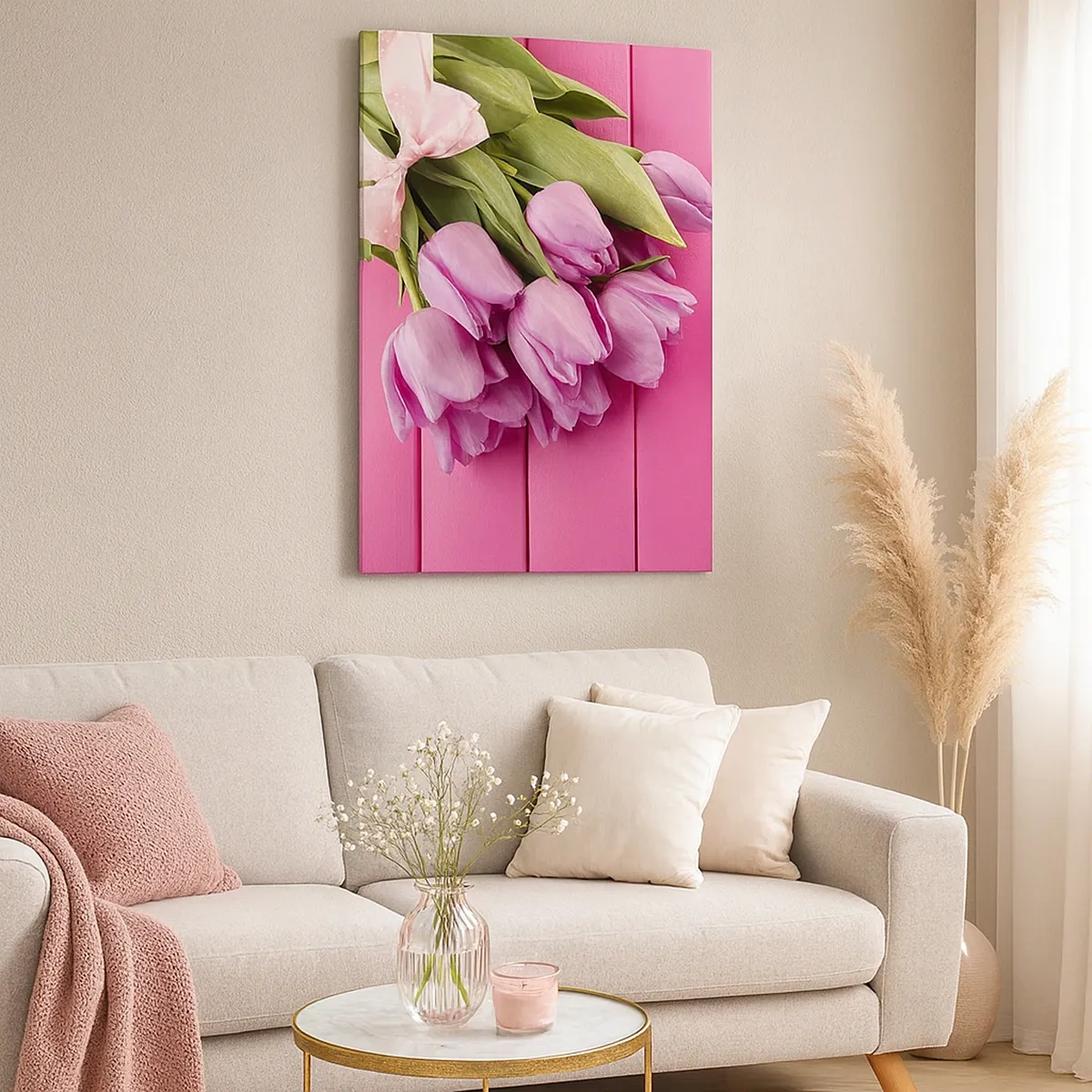Quadro su tela - Stampe su Tela - Un mazzo di tulipani rosa con un fiocco su uno sfondo rosa - 50x70cm - Proprio per te - Decorazione murale moderna per soggiorno e camera da letto ARTTOR