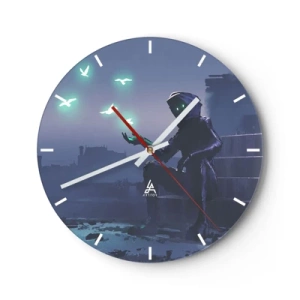 Orologio da parete - Orologio in Vetro - Una figura nell'oscurità con uccelli al neon sullo sfondo - 30x30cm - La vita ritorna - Decorazione murale moderna per soggiorno, cucina e camera da letto ARTTOR