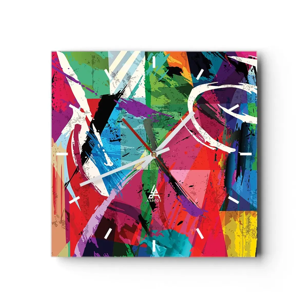 Orologio da parete - Orologio in Vetro - Astrazione colorata con pennellate dinamiche - 30x30cm - Veloce, vivo e saltellante - Decorazione murale moderna per soggiorno e camera da letto ARTTOR