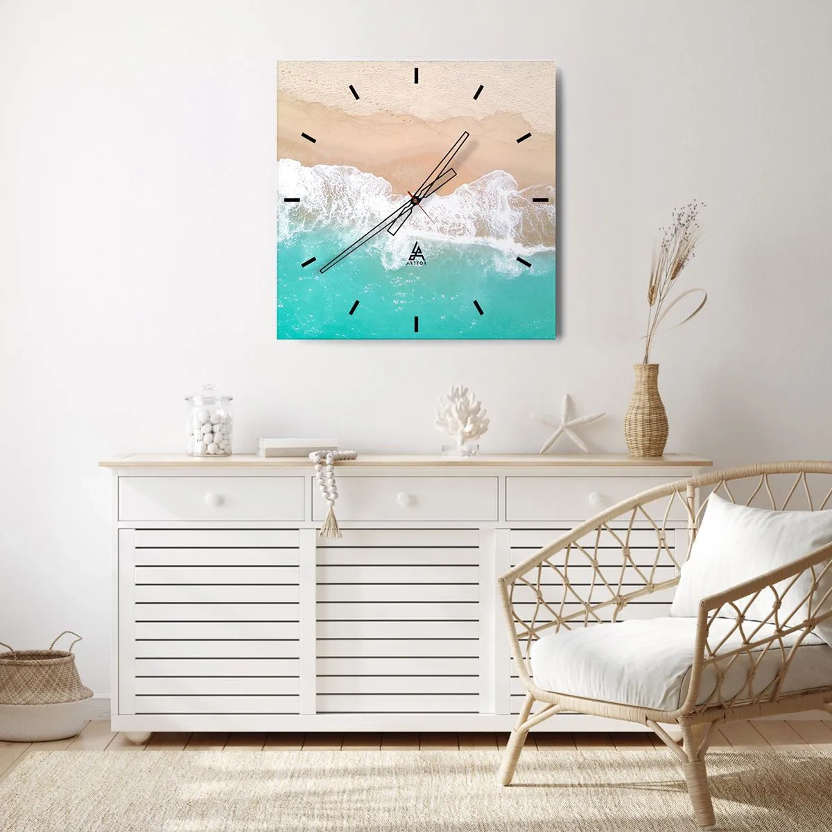 Orologio da parete - Orologio in Vetro - Una vista a volo d'uccello di una spiaggia con acqua turchese e onde dolci - 30x30cm - Un tocco carezzevole - Decorazione murale moderna per soggiorno e camera da letto ARTTOR