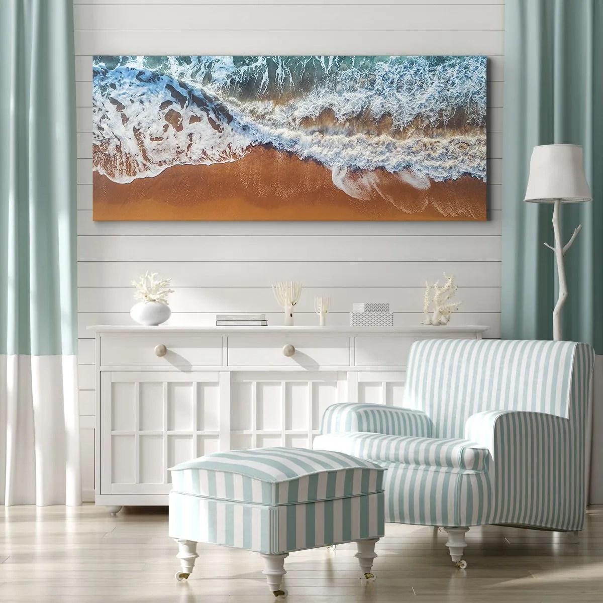 Quadro su tela - Stampe su Tela - Vista aerea delle onde dell'oceano che si infrangono sulla riva - 120x50cm - Sempre in coppia - Decorazione murale moderna per soggiorno e camera da letto ARTTOR