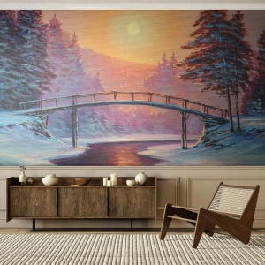 Fotomurali Standard Eco - Quattro stagioni: inverno - Paesaggio, Fiume, Ponte - 400x280 cm