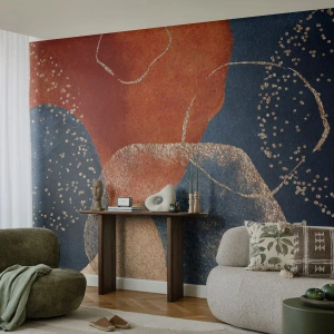 Fotomurali Premium Sand - Punti astratti in blu navy e rame con un tocco d'oro - 100x70cm - La leggerezza dell'essere - Decorazione murale moderna per soggiorno e camera da letto ARTTOR