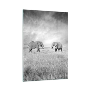 Quadro su vetro - Due elefanti nella savana nei toni del bianco e del nero - 50x70cm - Grigio è bello - Decorazione murale moderna per soggiorno e camera da letto ARTTOR