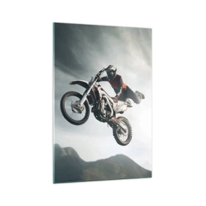 Quadro su vetro - Motociclista in aria durante un salto - 70x100cm - No risk no fun - Decorazione murale moderna per soggiorno e camera da letto ARTTOR