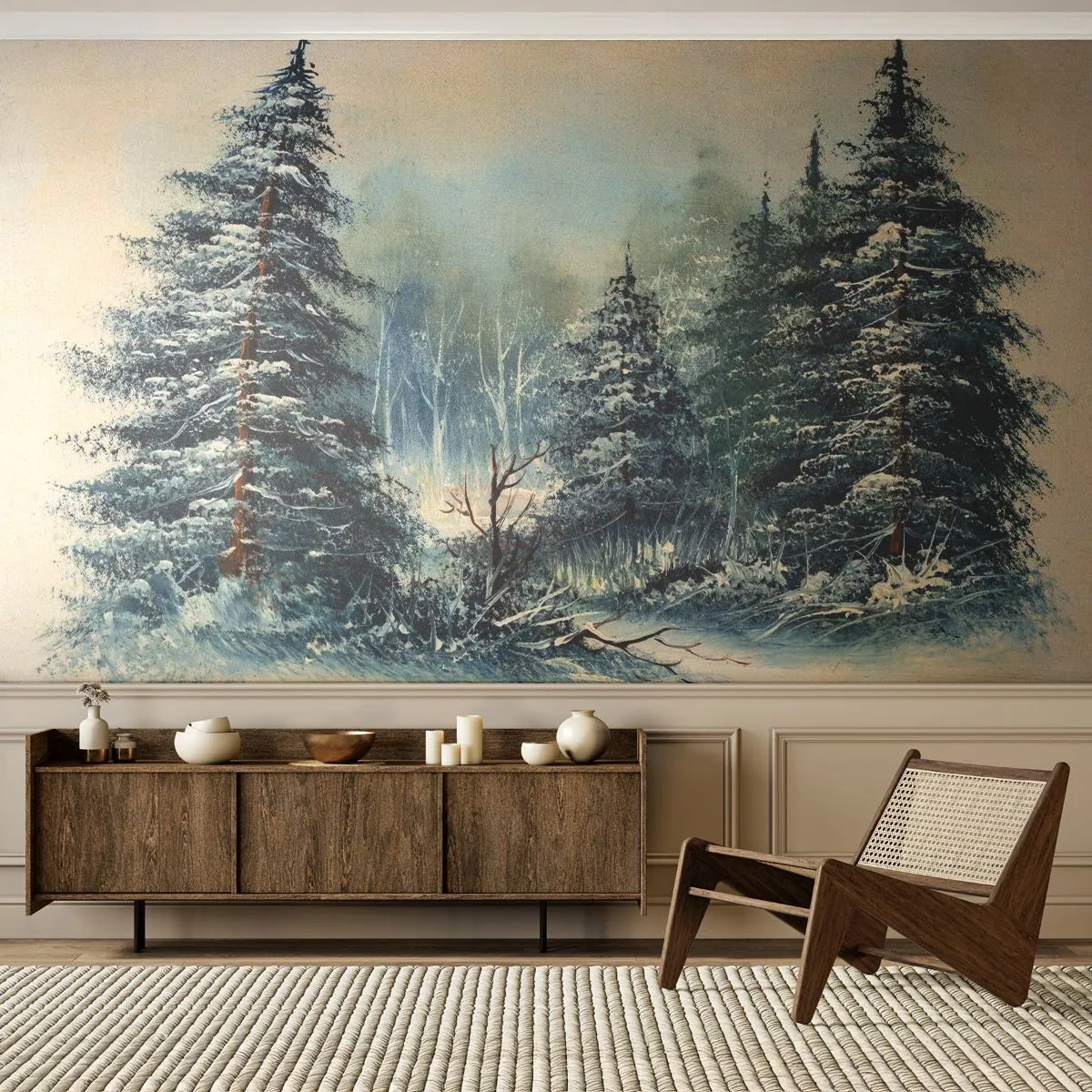 Fotomurali Premium Sand - Un paesaggio invernale con abeti innevati in stile pittorico - 100x70cm - Pronti al Natale - Decorazione murale moderna per soggiorno e camera da letto ARTTOR