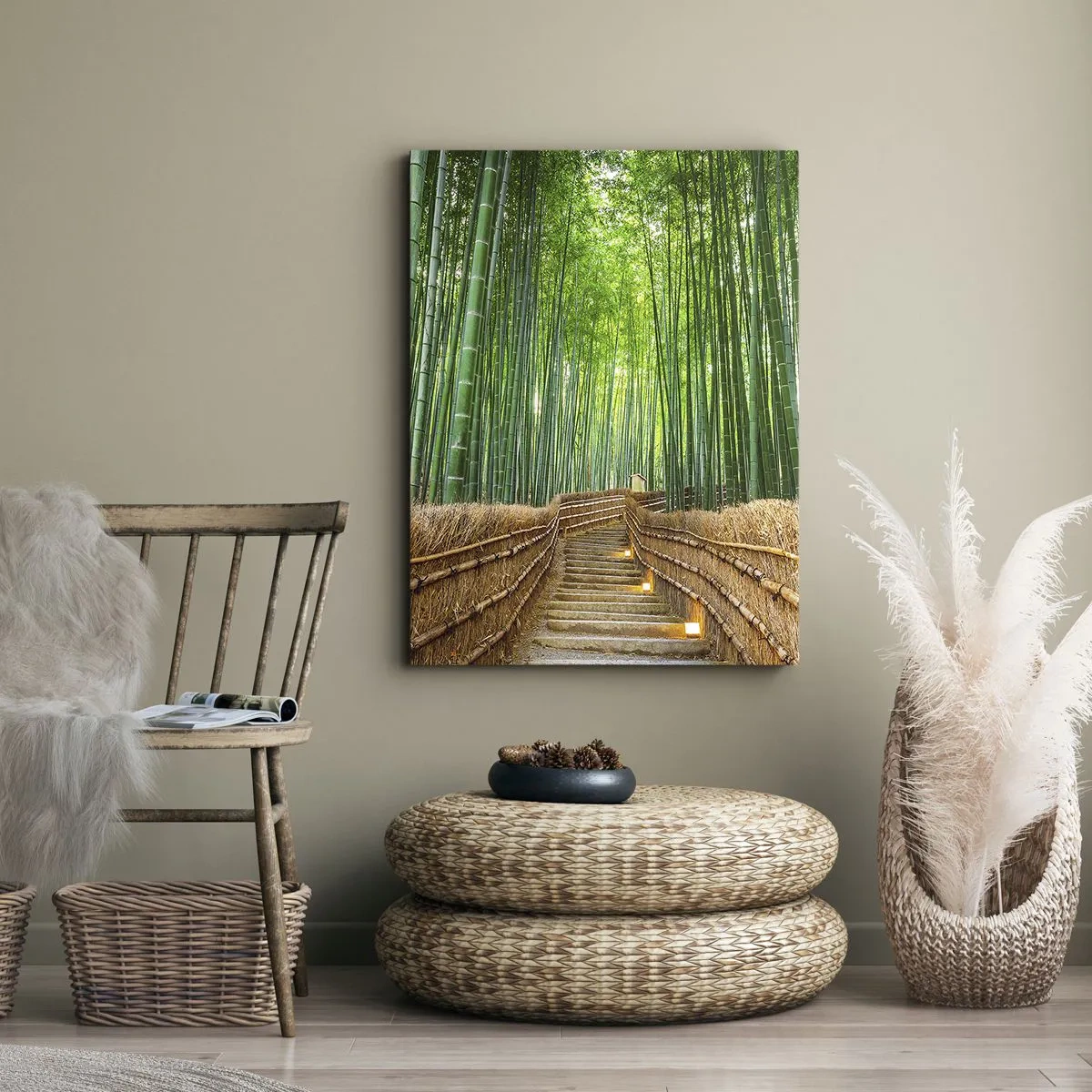Quadro su tela - Stampe su Tela - Un sentiero in una fitta foresta di bambù - 70x100cm - Essenza della natura asiatica - Decorazione murale moderna per soggiorno e camera da letto ARTTOR