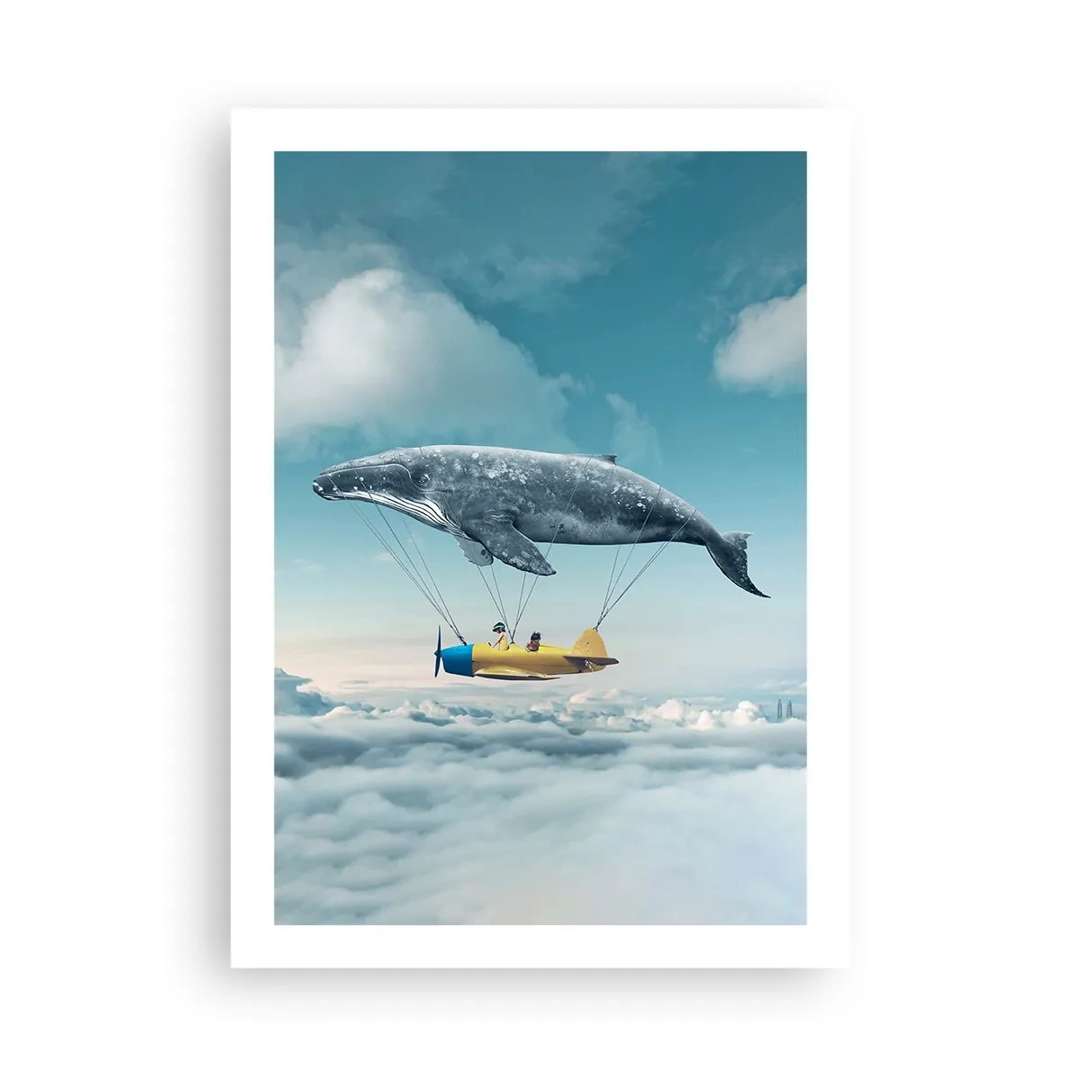 Poster - Una fantastica immagine di una balena che solleva un aereo sopra le nuvole. - 50x70cm - Perché no? - Decorazione murale moderna per soggiorno e camera da letto ARTTOR