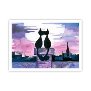 Poster - Gatti neri su un tetto al chiaro di luna in un ambiente acquerello - 100x70cm - Appuntamento sotto la luna - Decorazione murale moderna per soggiorno e camera da letto ARTTOR